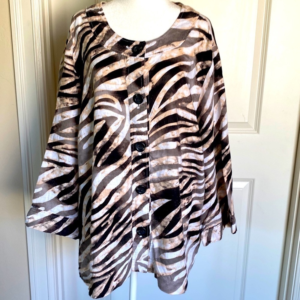 JM Collection 100% Linen Button up Tunic Blouse Top Womens 24W Animal Lagenlook